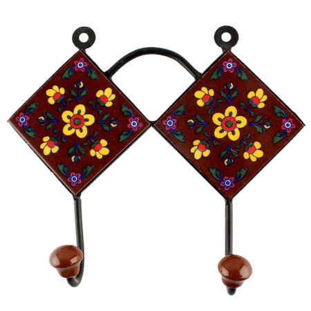 Ceramic Floral Tile Hook in Brown